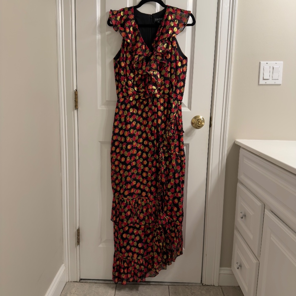 Saloni Anita Red Gold Black Ruffle Sleeveless Long Dress US 8 UK 12